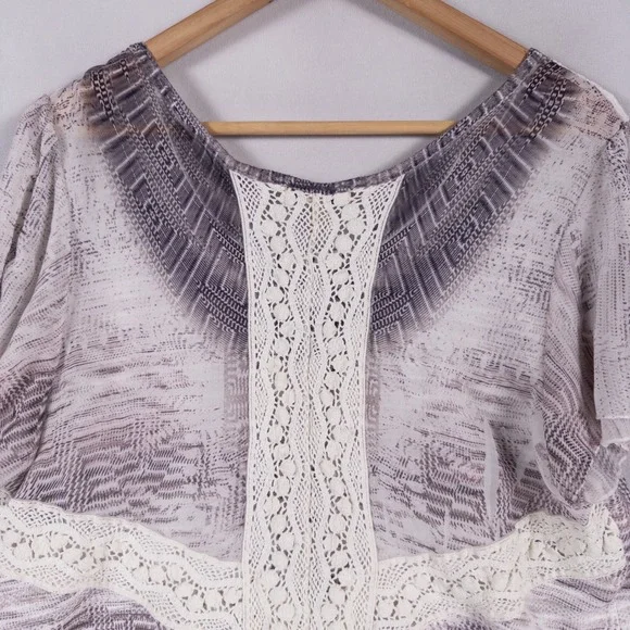 Energe World Wear Top Womens XL Gray White Crochet Lace Split Back Ombre Boho - Picture 4 of 10